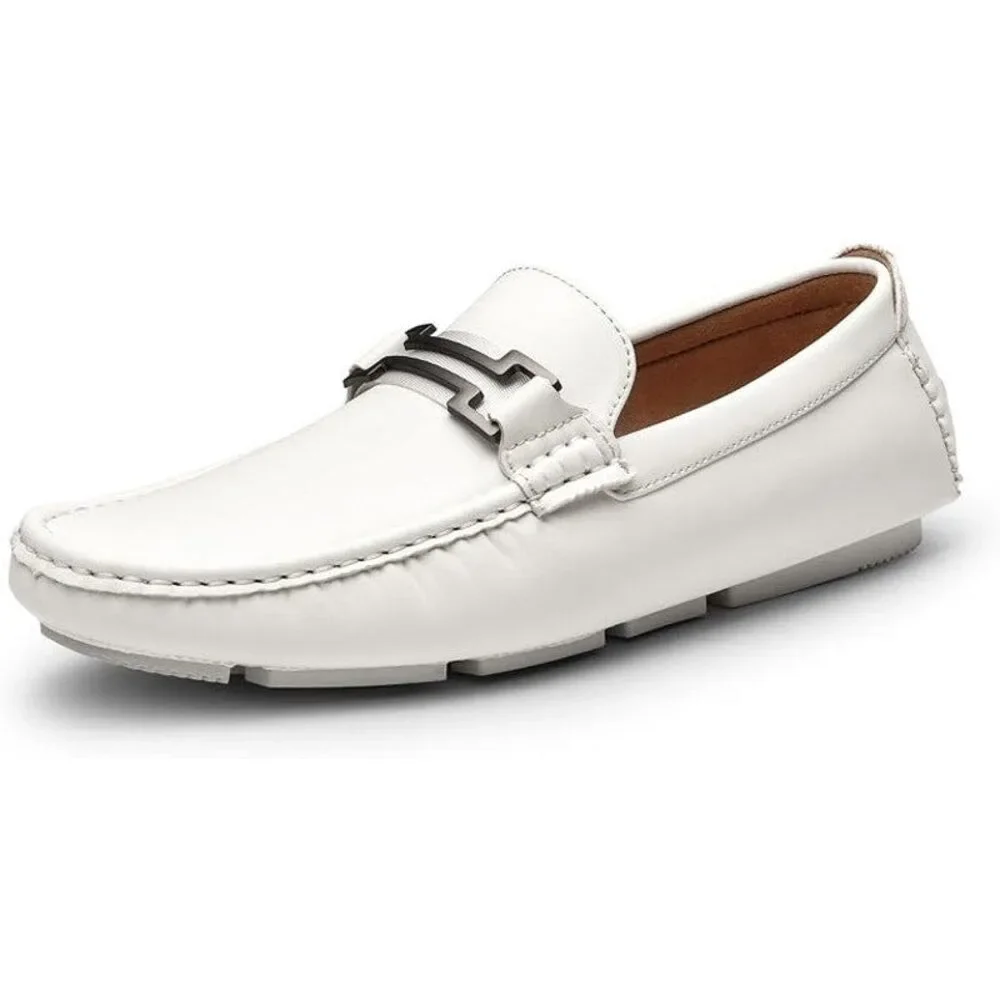 Bruno Marc Men Size 10.5 White Faux Leather Buckle Slide On Driving Loafer Shoes